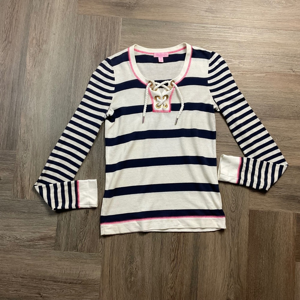 Lilly Pulitzer Top Womens XS Navy Blue White Striped Cotton Lace Up McCoy